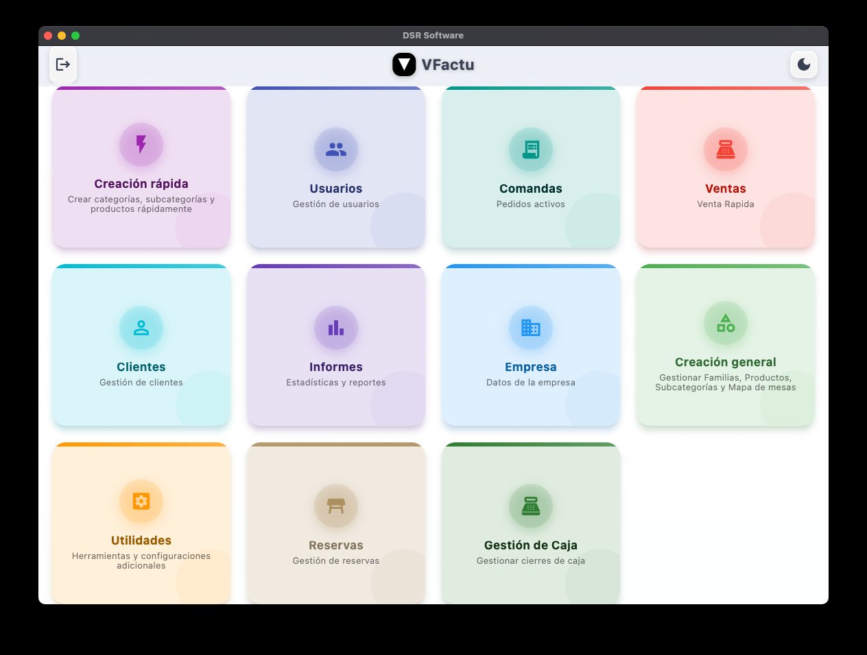 Pantalla principal del TPV para hostelería con menú de navegación y acceso rápido a funciones