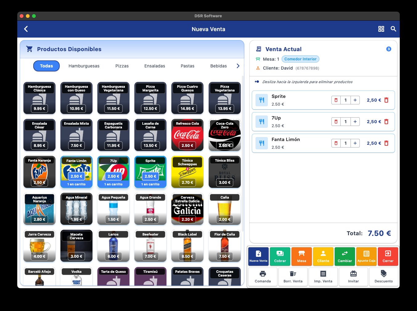 Pantalla de ventas del TPV mostrando comandas, mesas y proceso de facturación para bares y restaurantes
